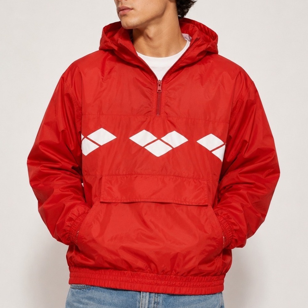 Vintage Arena USA Red Nylon Anorak Windbreaker Half Zip Hooded Jacket Men Medium